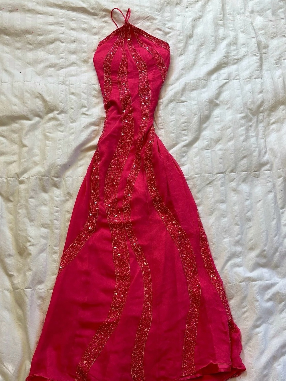 Pink Beaded Halter Evening Dress